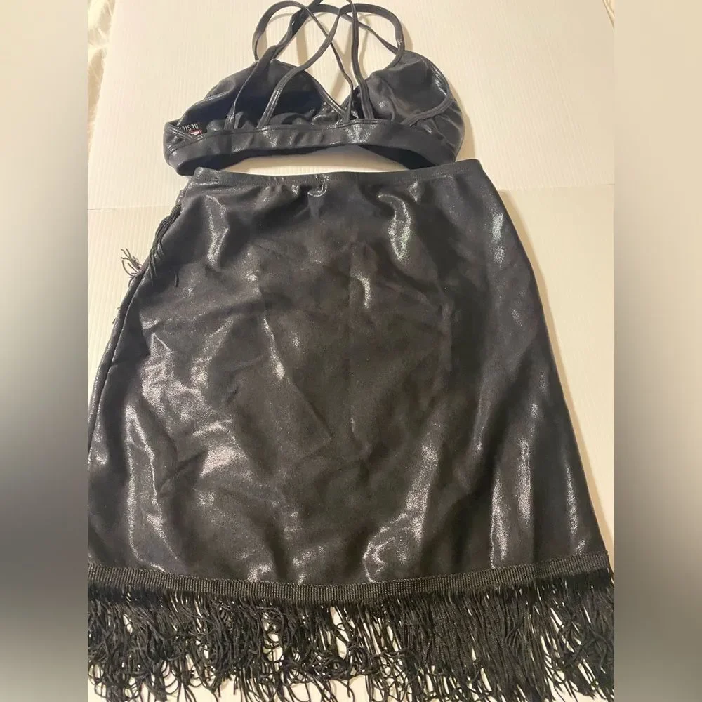 LA dance solo costume black metallic 2 piece fringe SAMBA SKIRT SA-Small adult